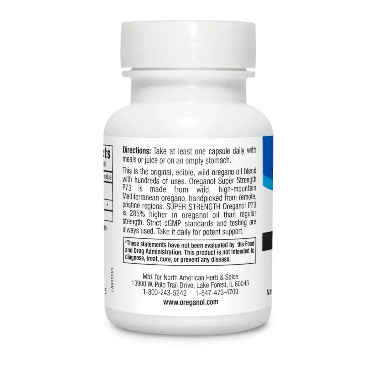 Oreganol P73 Edible Wild Oregano Oil Liquid capsule bottle with ingredients and directions label.