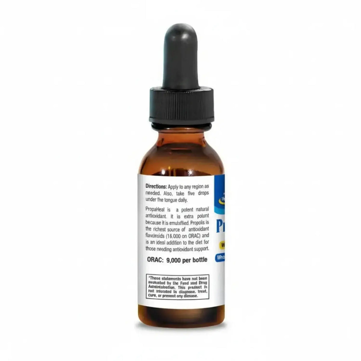 PropaHeal Raw Emulsified Bee Propolis dropper bottle with dosage instructions and antioxidant information.