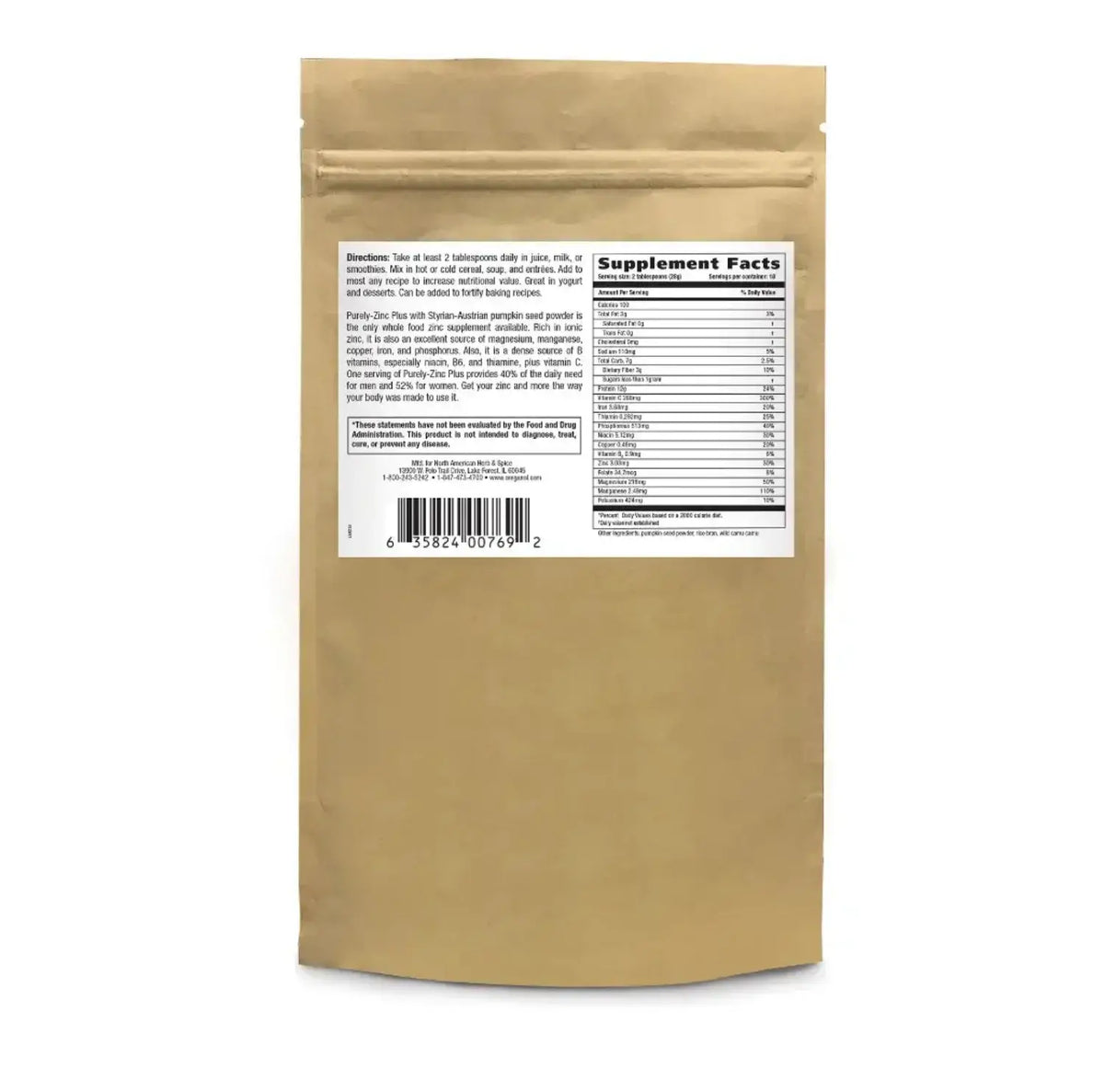 Purely-Zinc Plus whole food zinc powder supplement packaging with supplement facts and usage instructions.