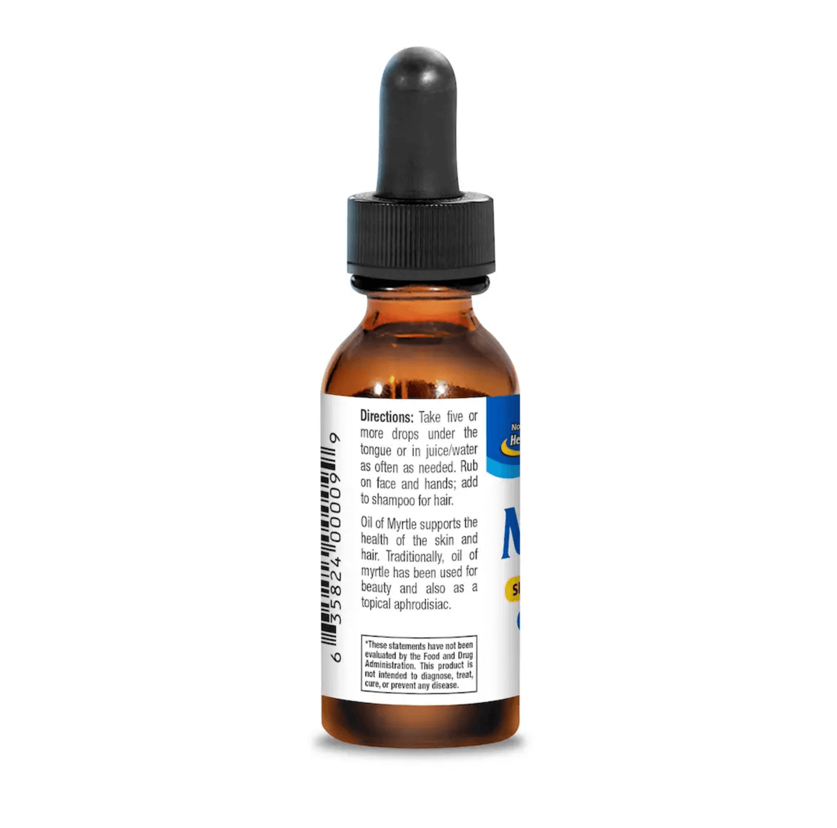 Bottle of Wild Mediterranean Myrtle Oil Liquid with dropper, instructions, and usage directions on label.