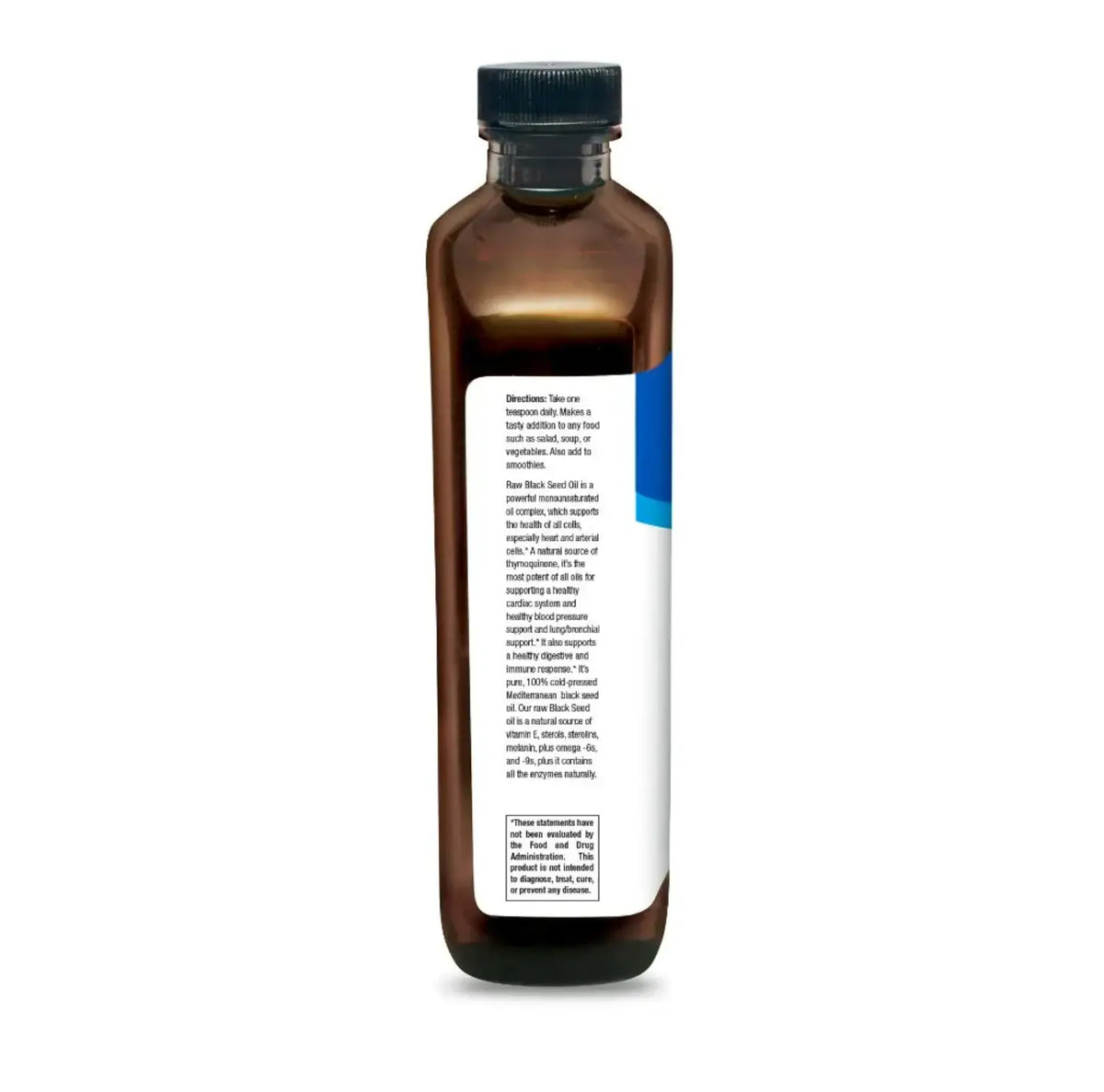 Oil of Black Seed bottle with nutrition facts and usage directions for Cold Pressed Nigella Sativa.