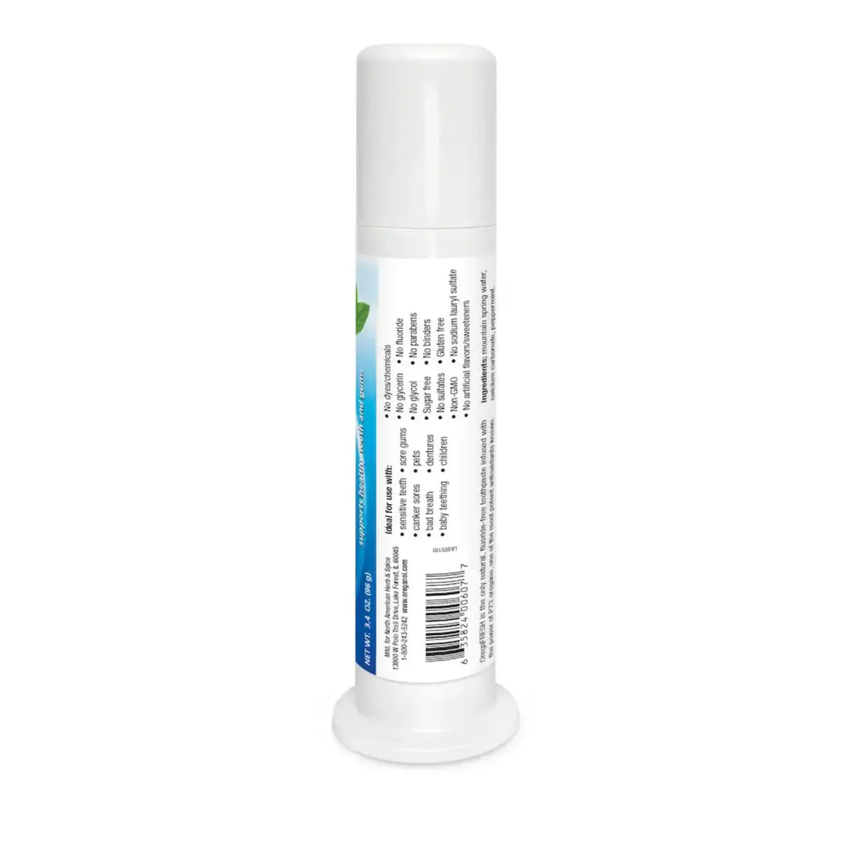 Glycerin Free Oregano Toothpaste tube by North American Herb & Spice showcasing its unique formula.