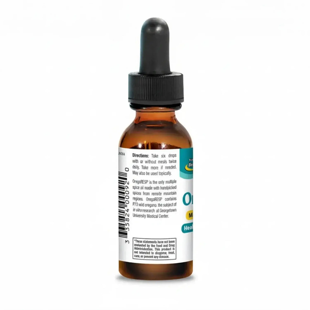 OregaRESP bottle for Wild Oregano Immune and Respiratory Support, showcasing dosage instructions and benefits.