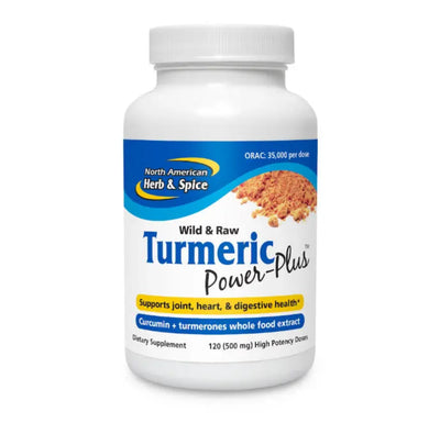 North American Herb & Spice Turmeric Power-Plus supplement bottle on a white background