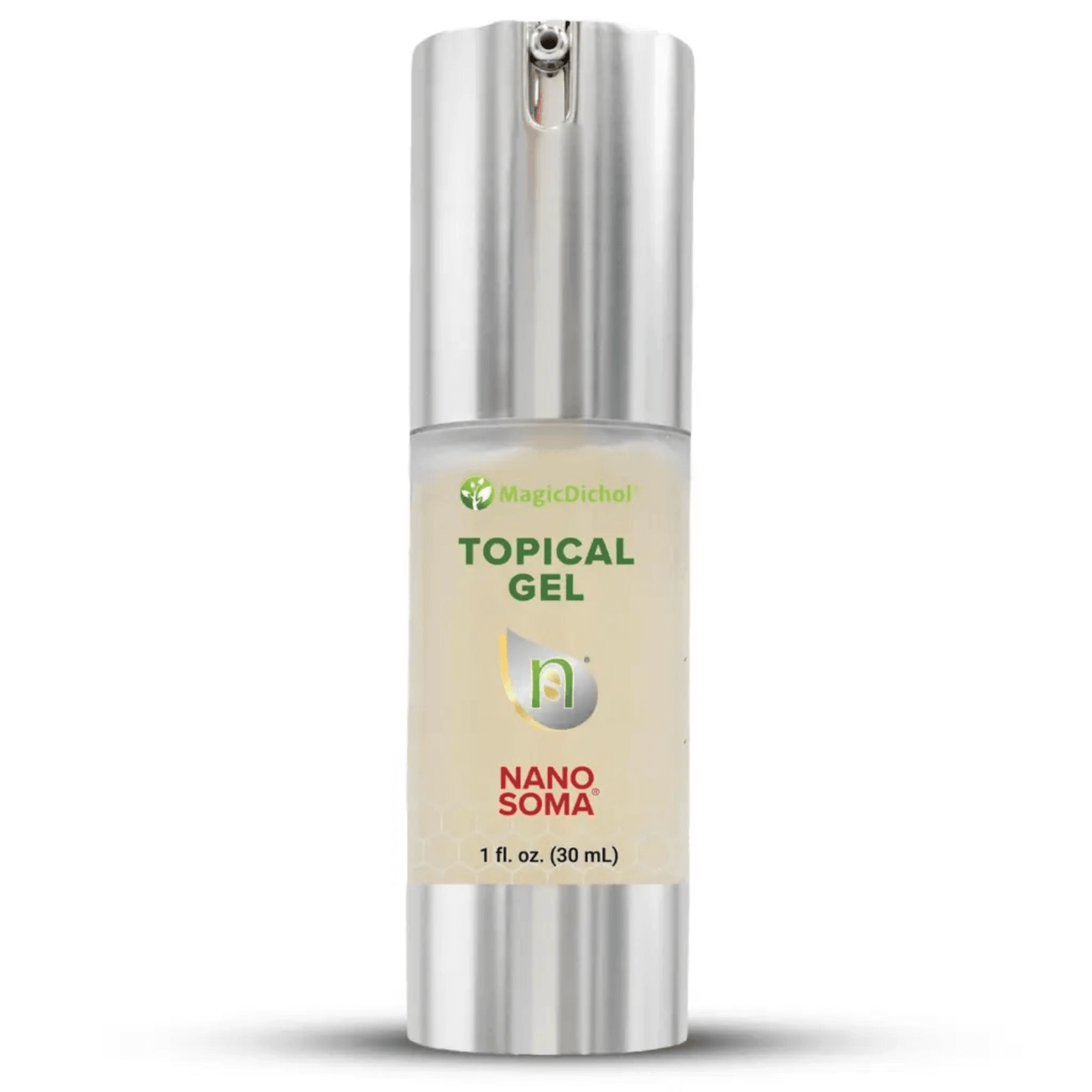 Nano Soma Gel - Nutritional Nutraceutical topical gel in a sleek silver pump bottle, containing 1 oz (30 mL).