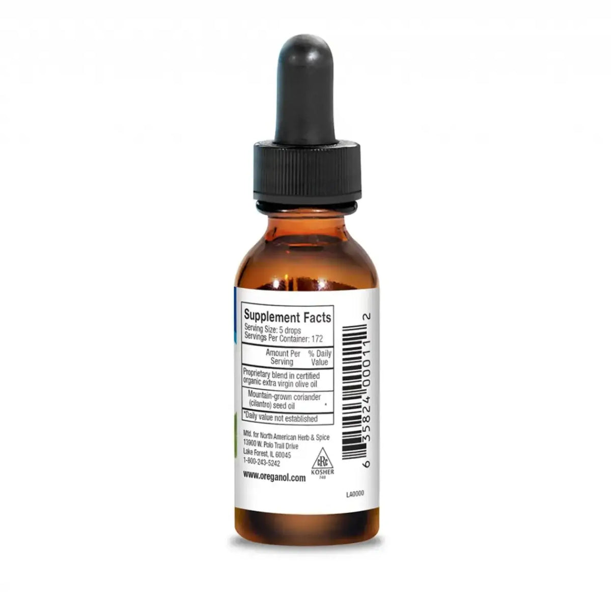 Mountain Grown Cilantro Oil supplement facts label on an amber glass dropper bottle.