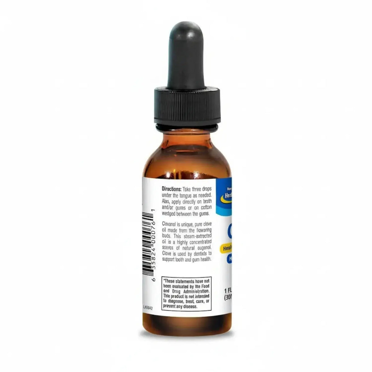 Clove Oil Drops for Oral Wellness in a brown dropper bottle with instructions on the back.