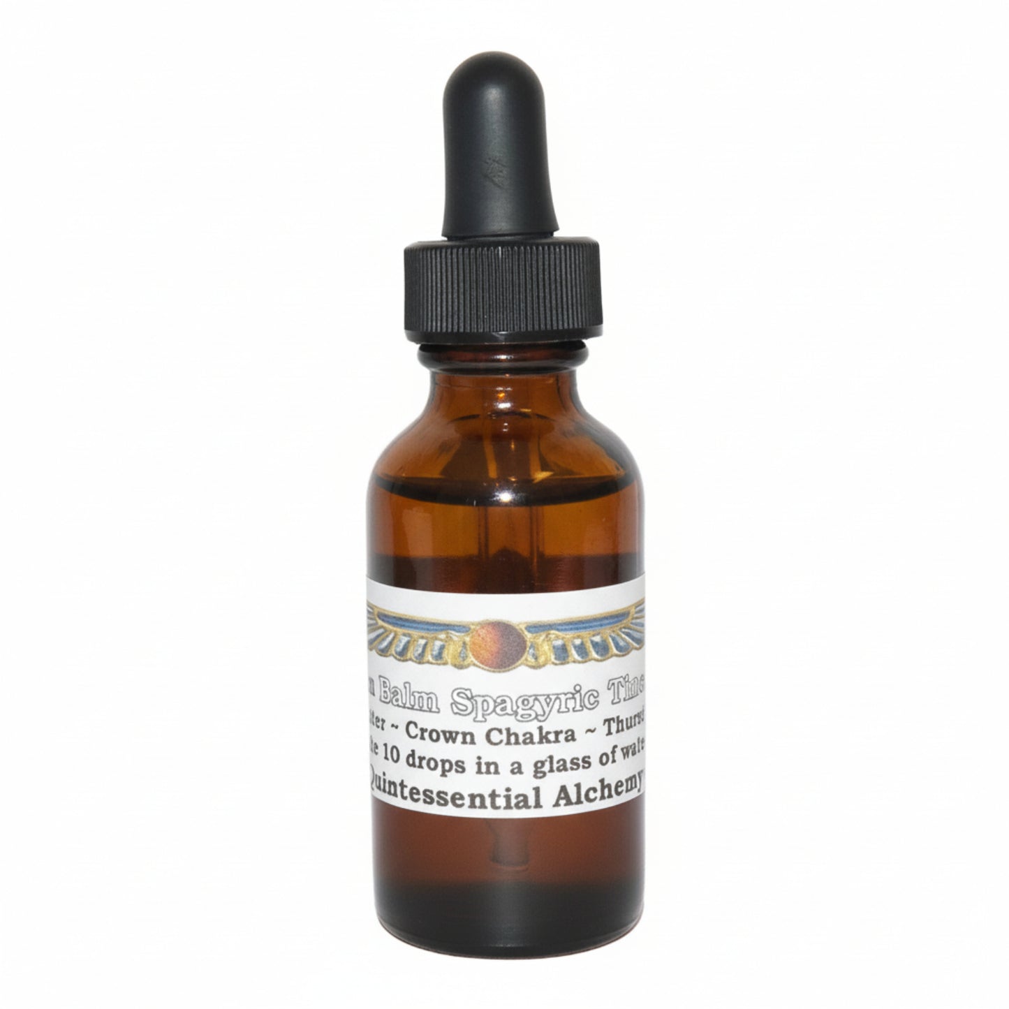 Amber glass dropper bottle with a label 'Lemon Balm Spagyric Tincture" on a white background