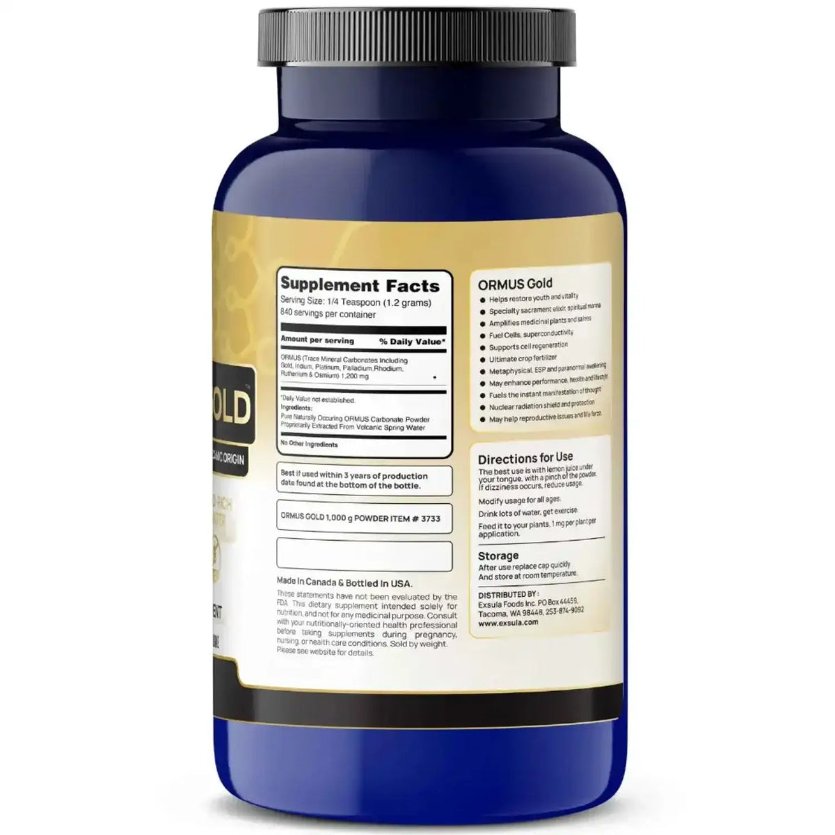 Back view of ORMUS Gold Monoatomic Gold Supplement bottle with supplement facts and usage directions.