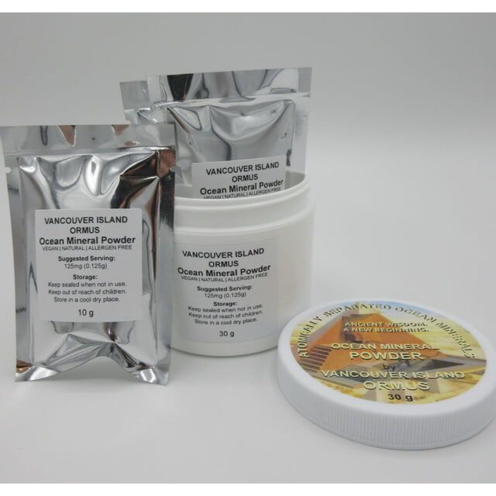 Packaging of Ocean Mineral Powder for Balance and Alkalization by Vancouver Island, including different serving sizes.