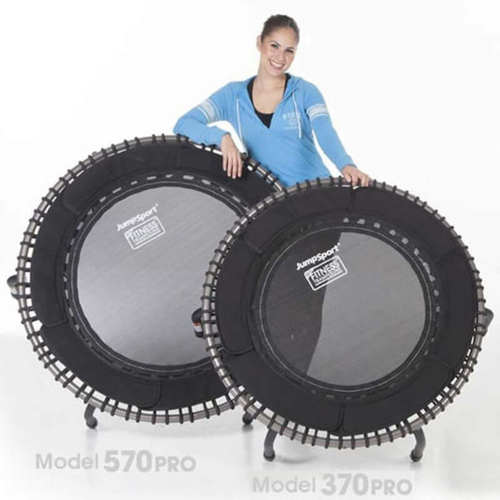 Mini Trampoline Rebounders displayed, showcasing models 570PRO and 370PRO with a smiling woman.