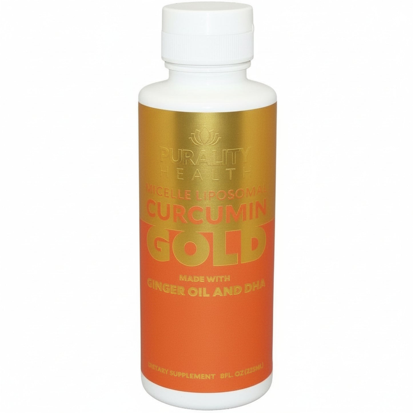 Supplement bottle labeled 'Curcumin Gold' with gold and orange label on a white background