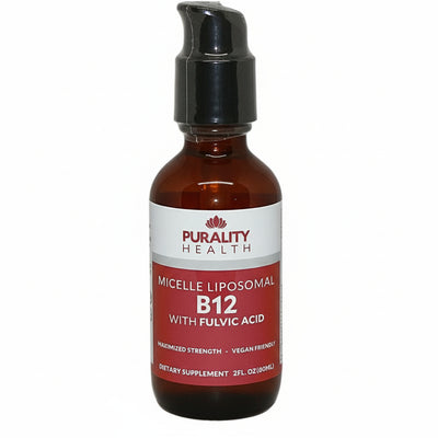 brown pump bottle with black lid, white and red label Purality Health Logo, Micelle Liposomal B12 with Fulvic Acid, maximized strength, vegan friendly, dietary supplement, 2oz