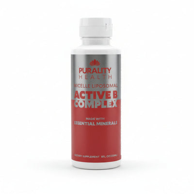 bottle of Purality Health Micelle Liposomal Active B Complex made with Essential Minerals on white background