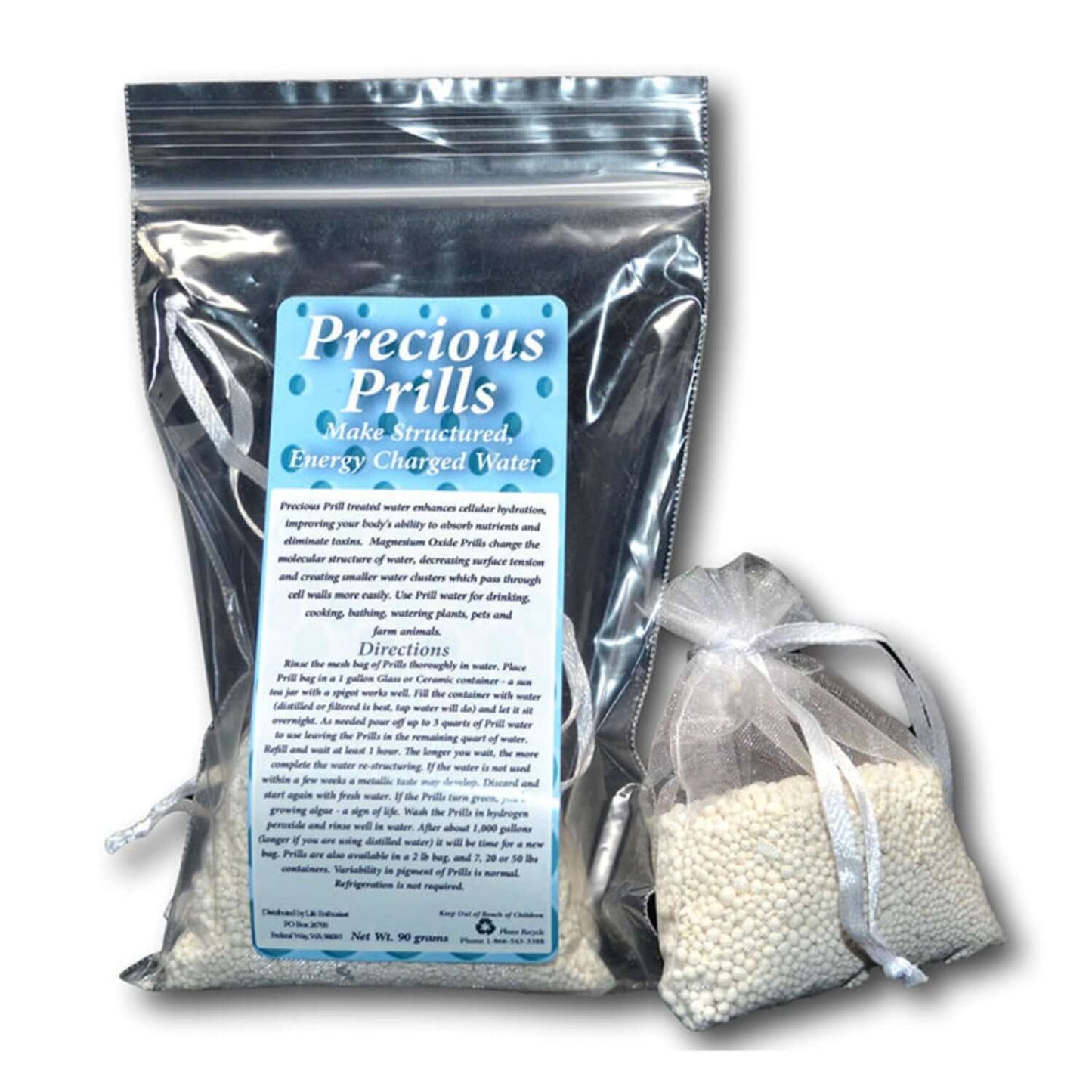 Precious Prills 3oz For Hydration and Water Alkalizing packaging displaying how to make energized water.