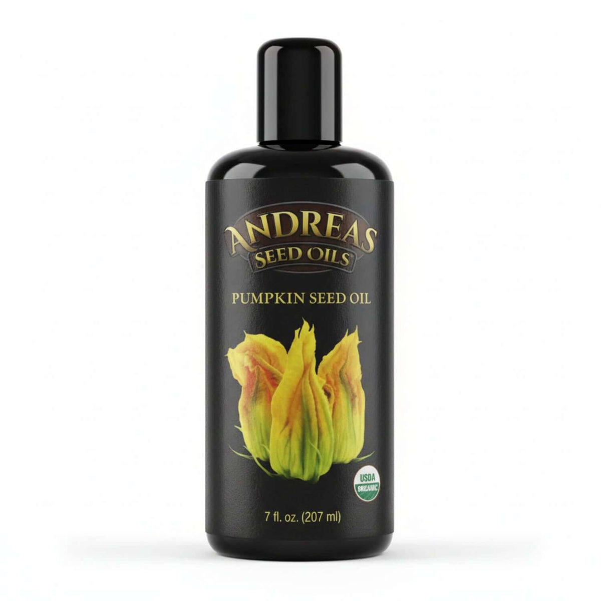 Pumpkin Seed Oil bottle from Andreas, a prostate supplement with organic ingredients.
