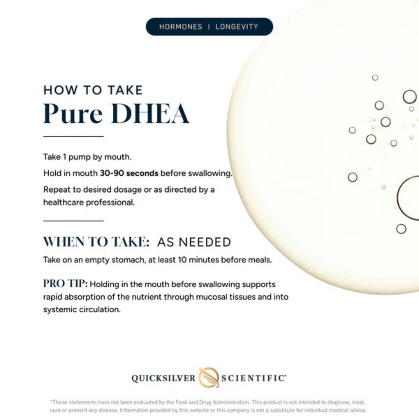 Instructions on how to take pure DHEA with Quicksilver Scientific branding.