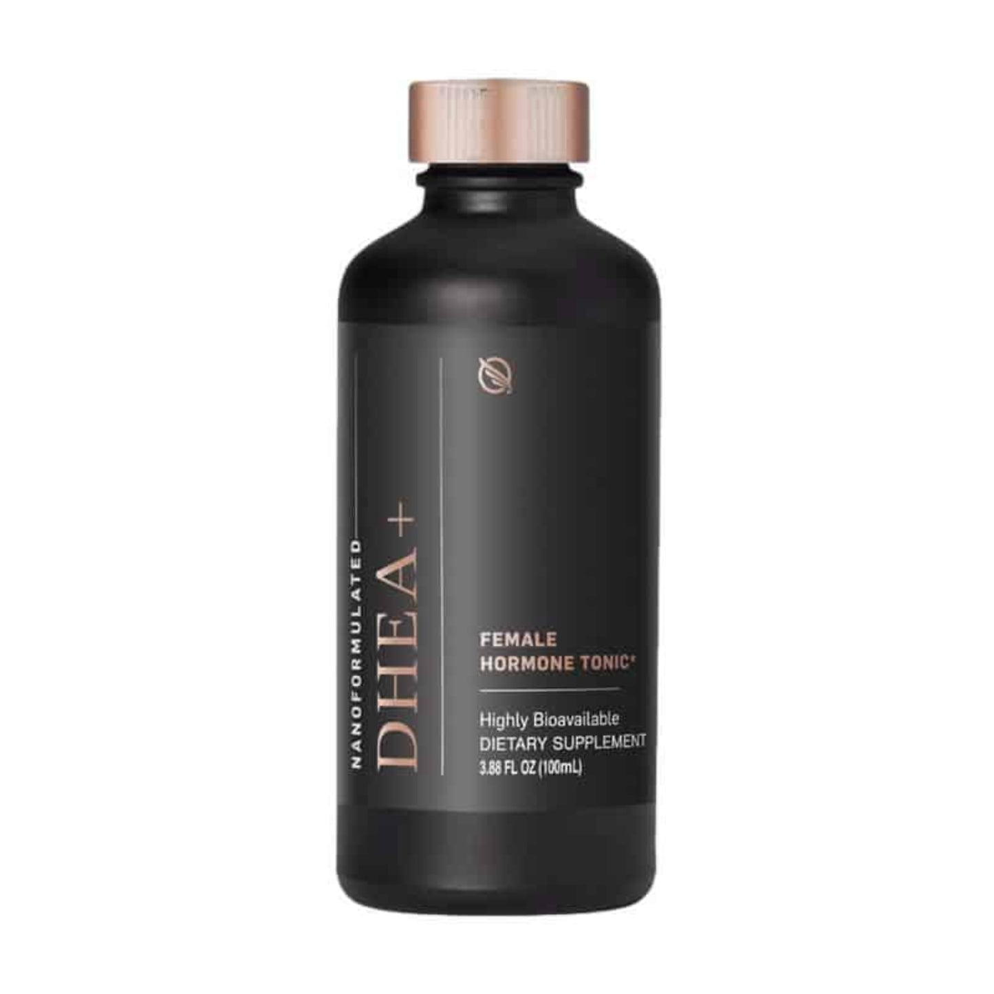 Black supplement bottle labeled 'DHEA+' on a white background