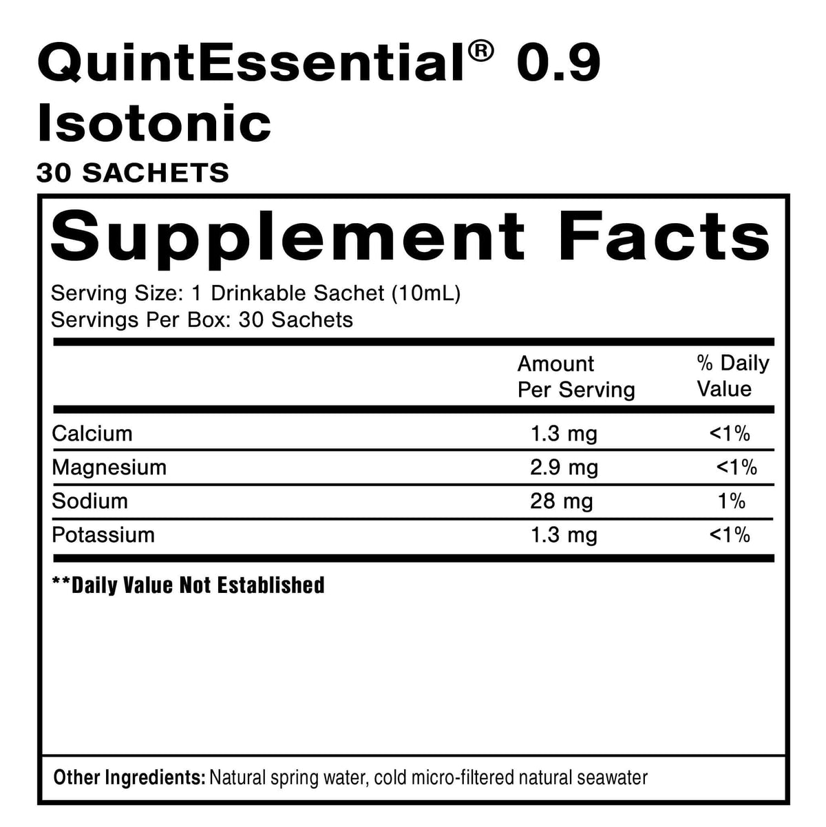 Supplement facts for QuintEssential Bioterrain Restore 0.9, highlighting seawater electrolytes for cellular hydration.
