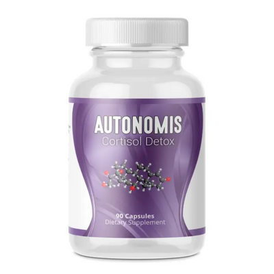 White bottle and cap with purple label, ANUTONOMIS Cortisol Detox, picture of schematic atoms, 90 capsules, Dietary Supplement