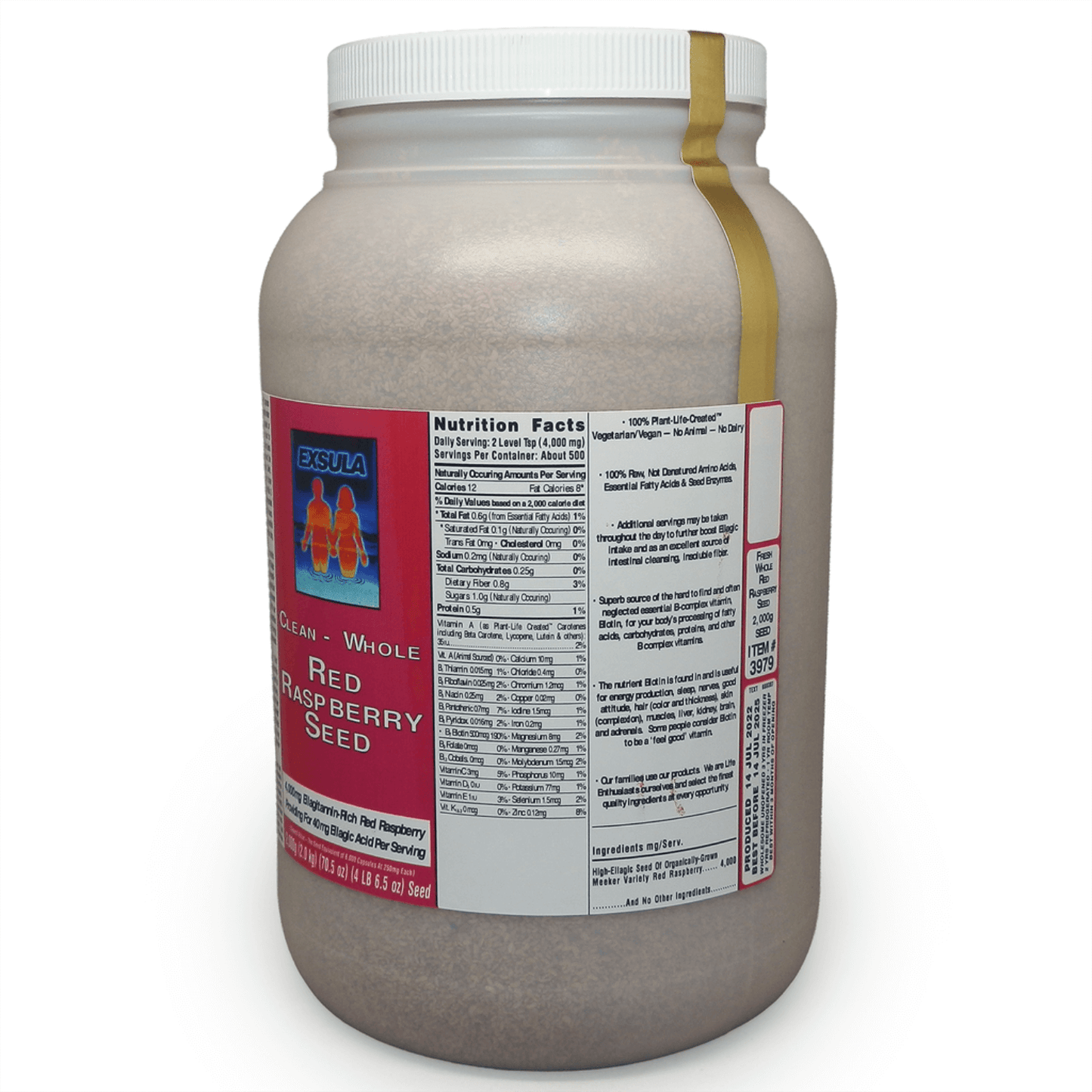 Exsula Superfoods Red Raspberry Seeds - Ellagic Acid Source in a large container with nutrition facts label.