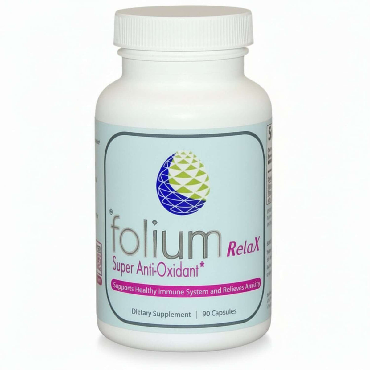 RelaX Super Antioxidant for Stress Relief dietary supplement bottle with 90 capsules, supports healthy immune system.