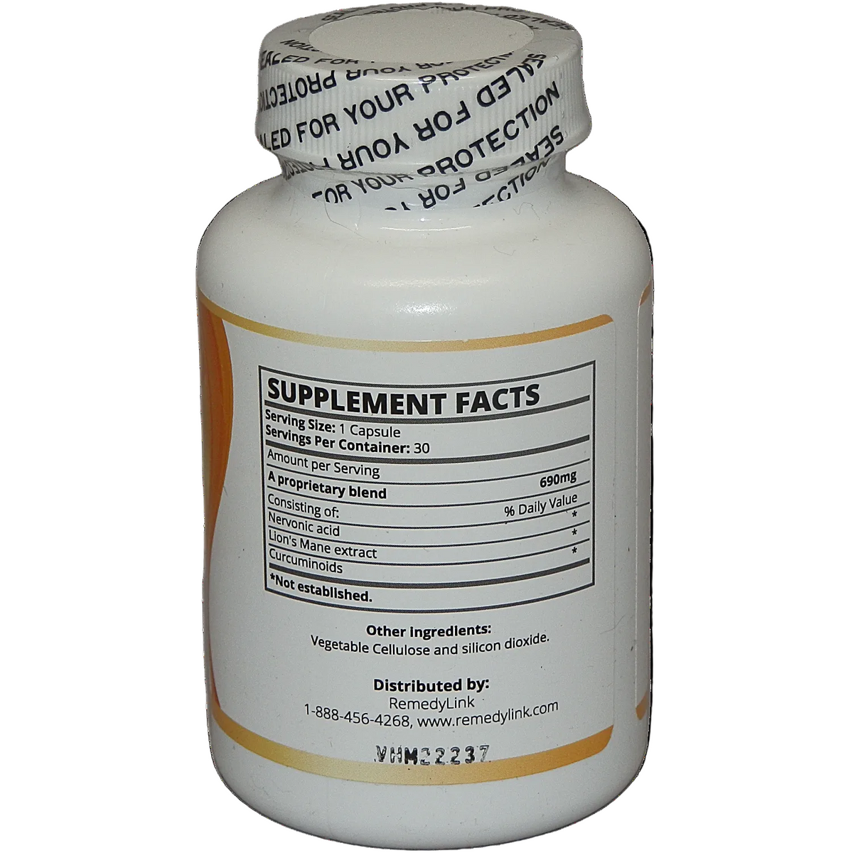 Nervidyne for Nerve Comfort and Neurological Support supplement bottle showing supplement facts and serving information.
