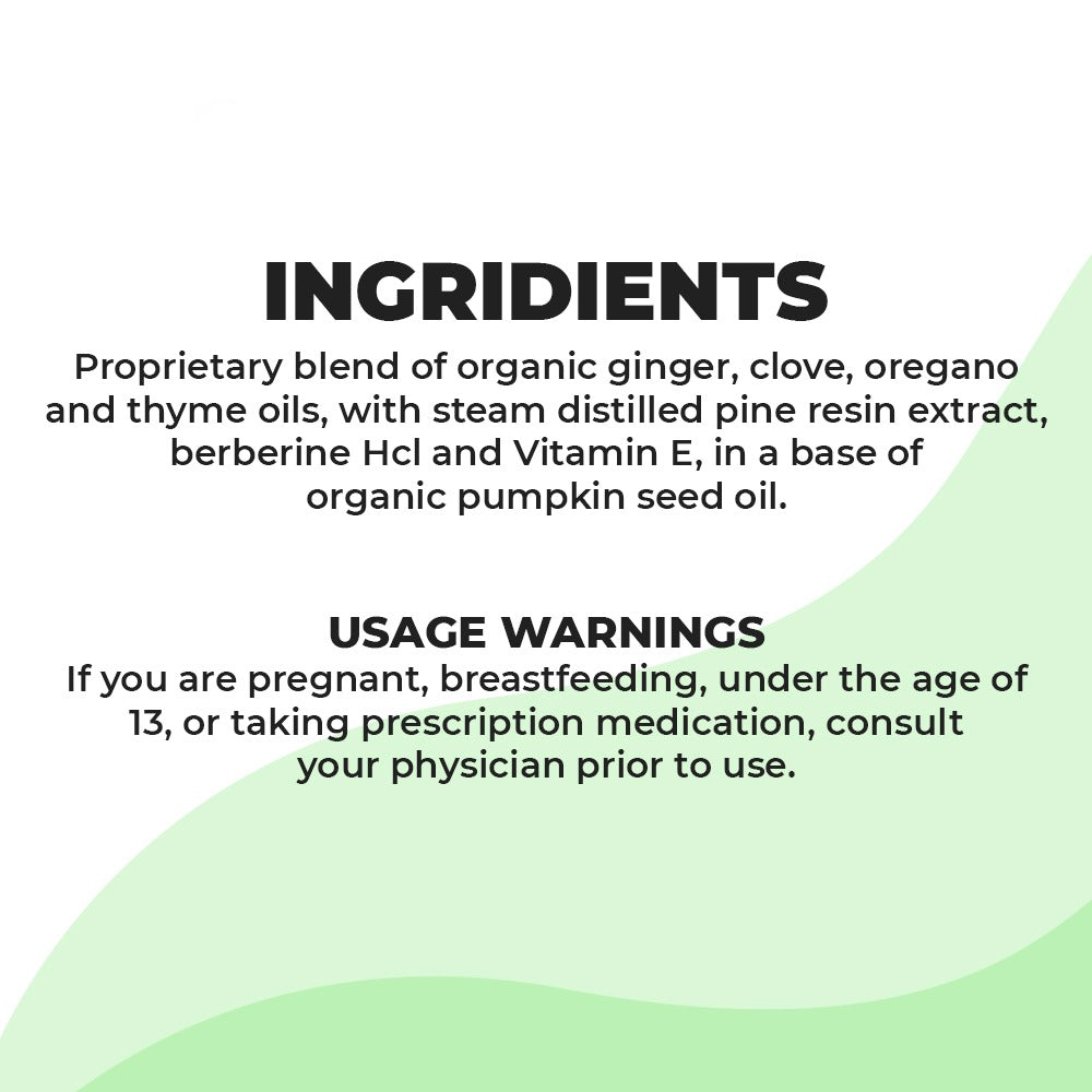 Ingredients for Broad Spectrum Detox and Intestinal Microbiome Support featuring herbal blend and usage warnings.