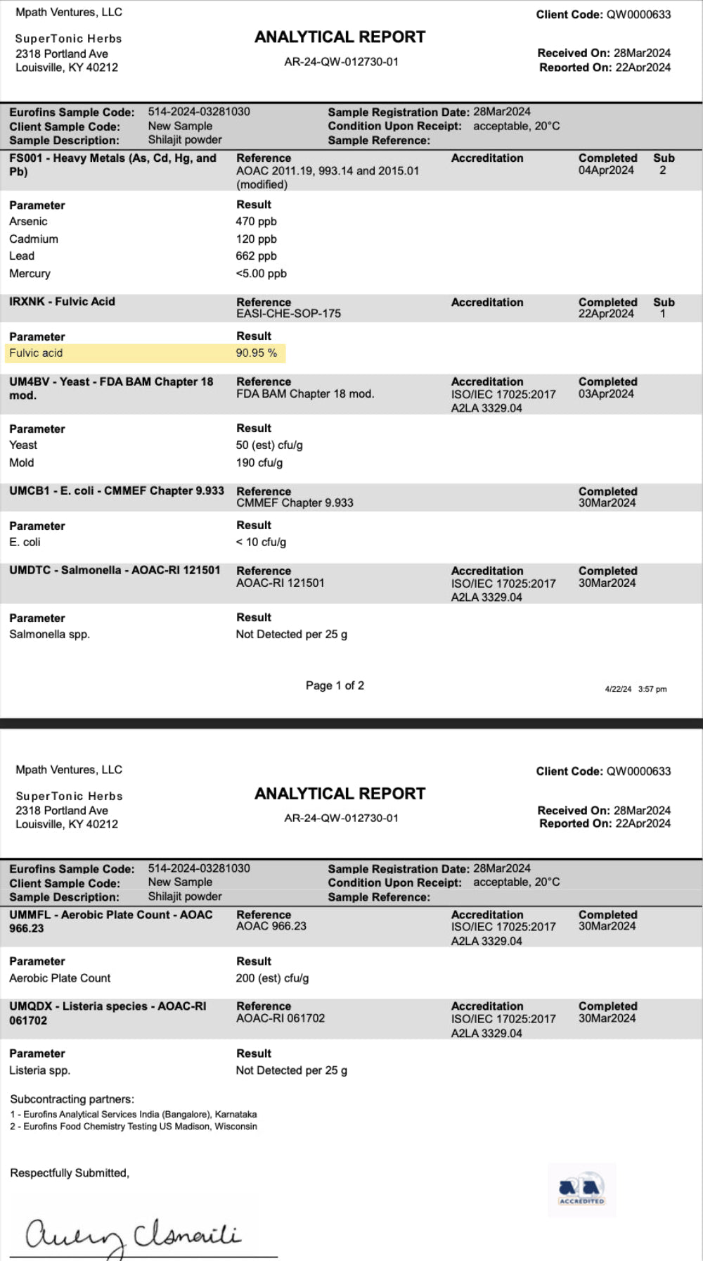 Analytical report with test results on a white background