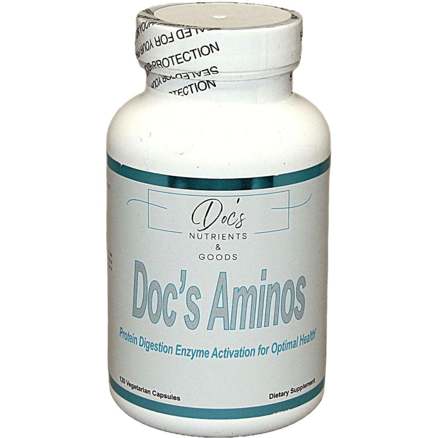 white supplement bottle labeled 'Doc's Aminos' on a white background