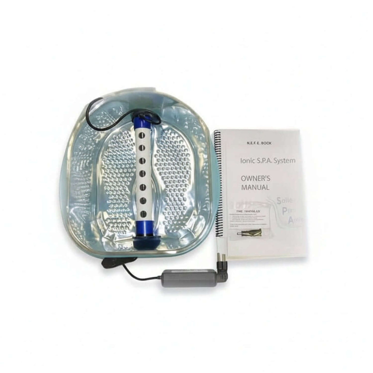 Ionic SPA Foot Bath components including a detox system device and owner's manual for Bio-Electric Water Detox System.