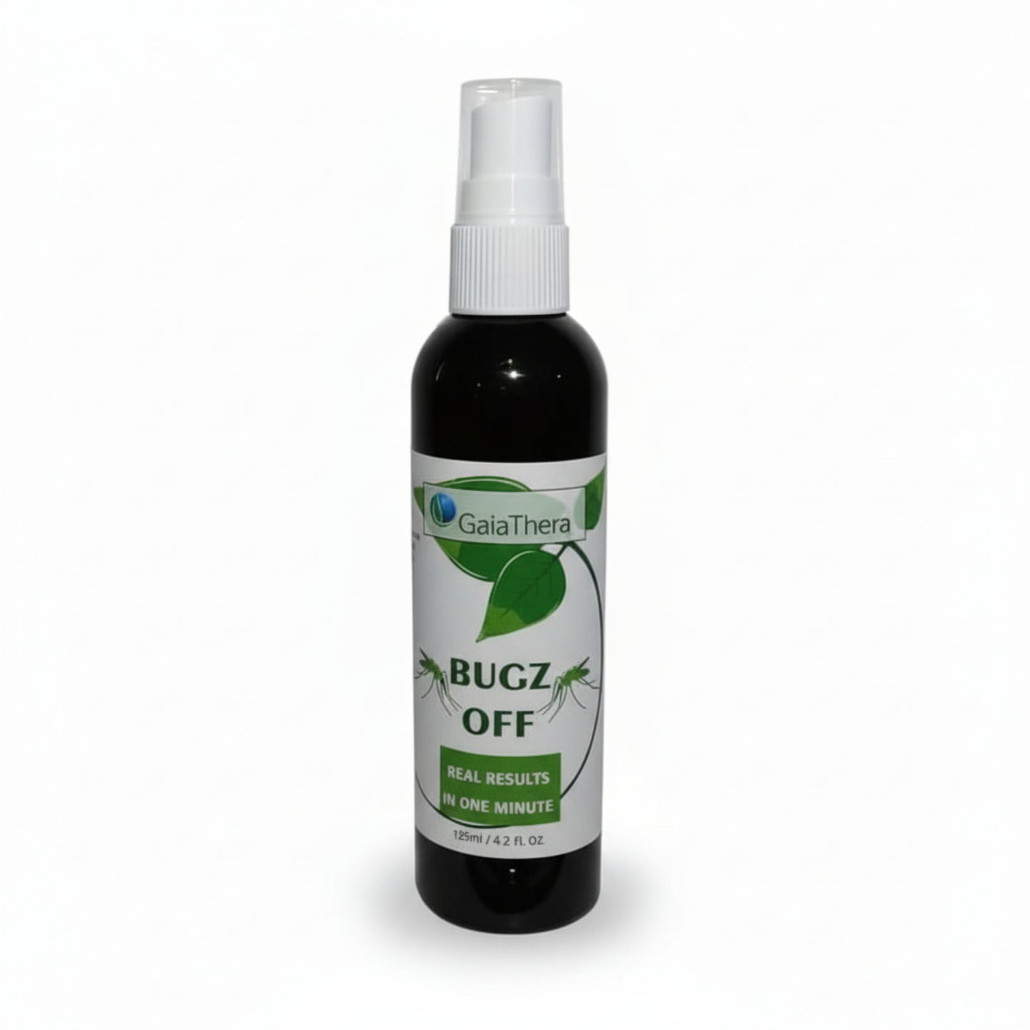 dark brown spray bottle with white top and white label with green leaves and mosquitos, GaiaThera logo, BUGZ OFF, real results in one minute 125ml