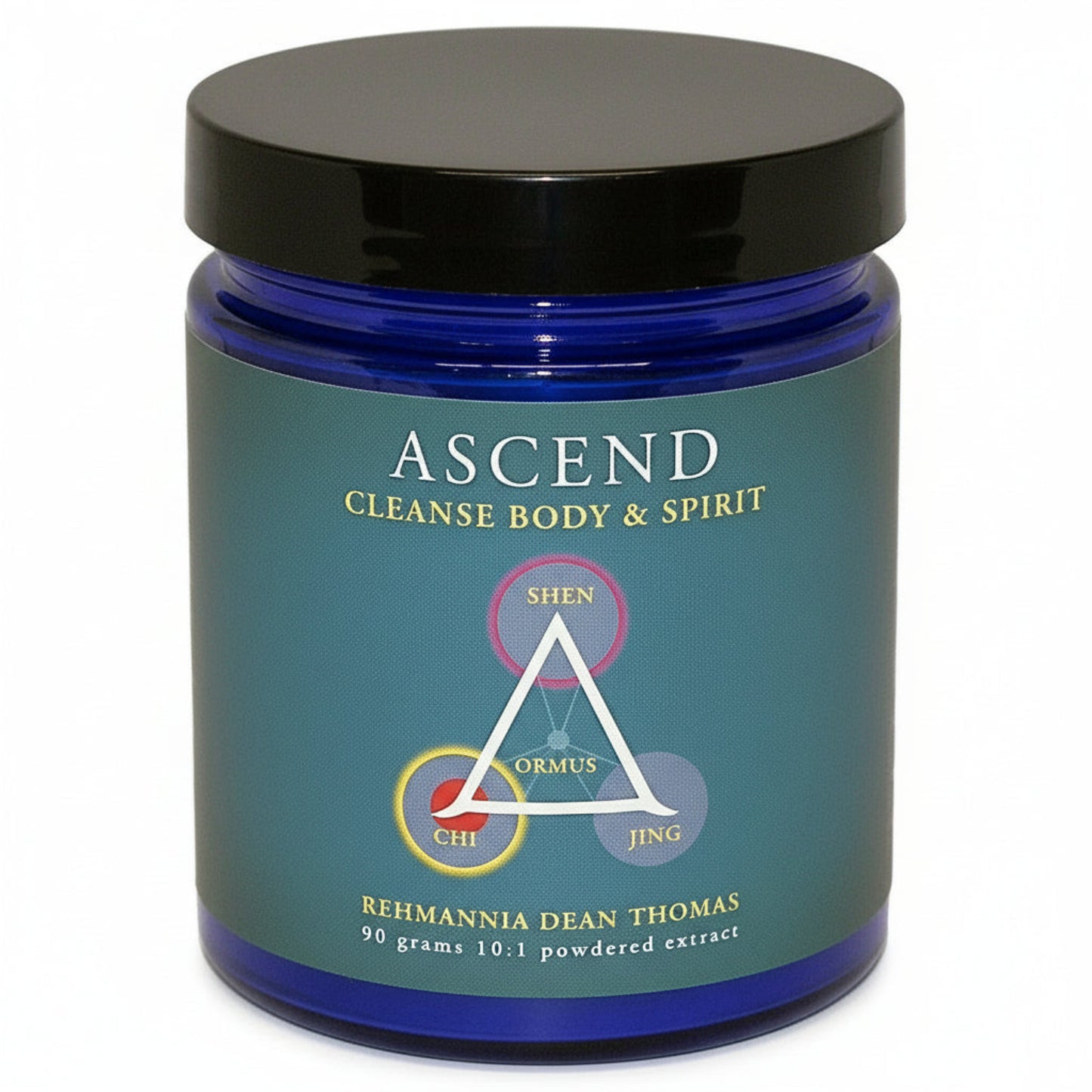 blue jar with black lid, blue/green label, ASCEND, CLEANSE BODY & SPIRIT, triangle with ORMUS inside and these words at corners: SHEN, CHI, JING. REHMANNIA DEAN THOMAS, 90 grams, 10:1 powdered extract