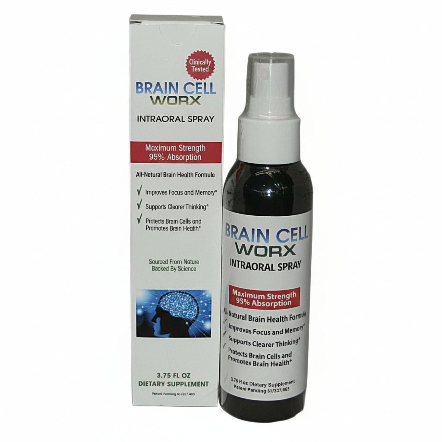 slim white box and spray bottle for BRAIN CELL WORX, Intraoral spray, clinically tested, Maximum Strength, 95% Absorption, All natural brain health formula, improves focus and memory, supports clearer thinking, protects brain cells and promotes brain health, sourced from nature, backed by science, image of white light strings and balls coming out of black silhouette of head, 3.75 oz dietary supplement, patent pending