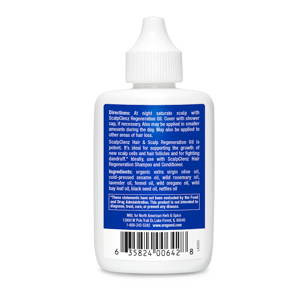 Back label of ScalpClenz Hair and Scalp Oil, highlighting directions and ingredients for Botanical Hair Regeneration.