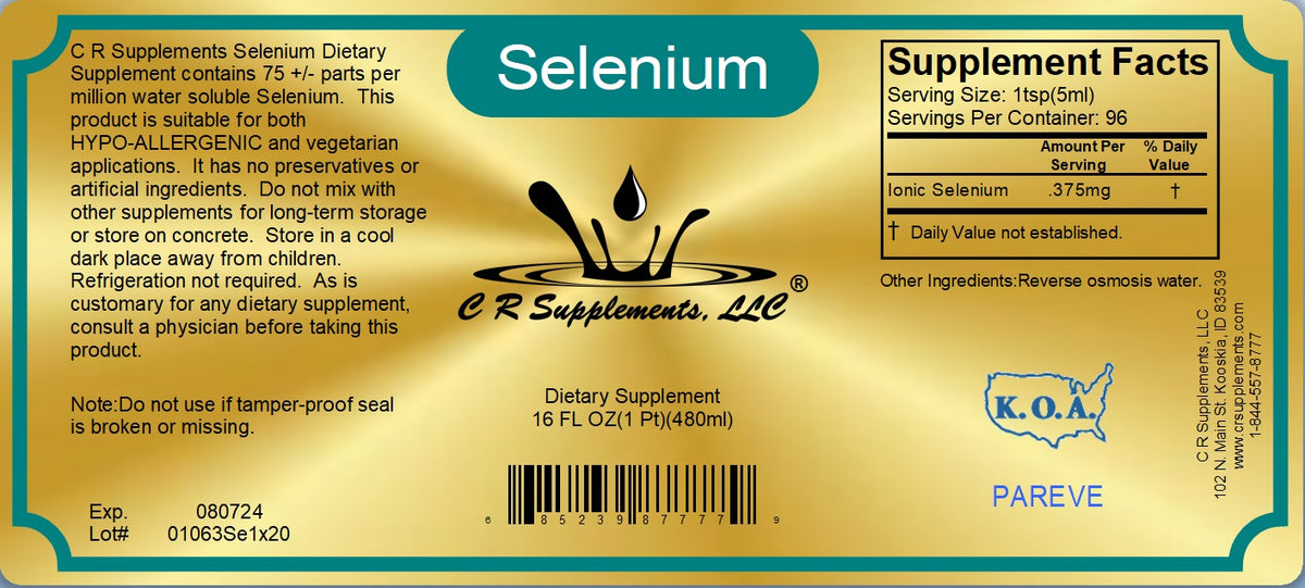 Selenium Ionic Liquid Mineral Supplement label featuring antioxidant and thyroid health information.