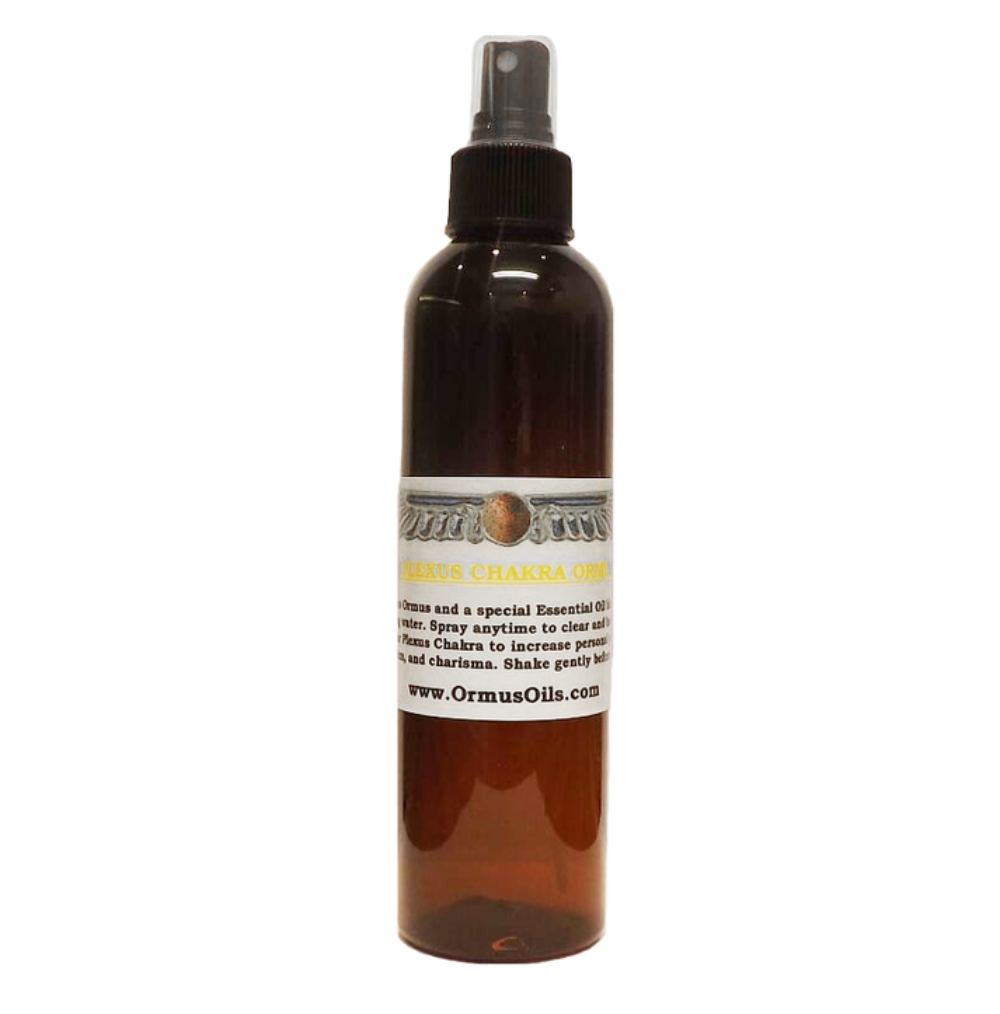 Brown spray bottle Solar Plexus Ormus Mist 60ml with a label on a white background