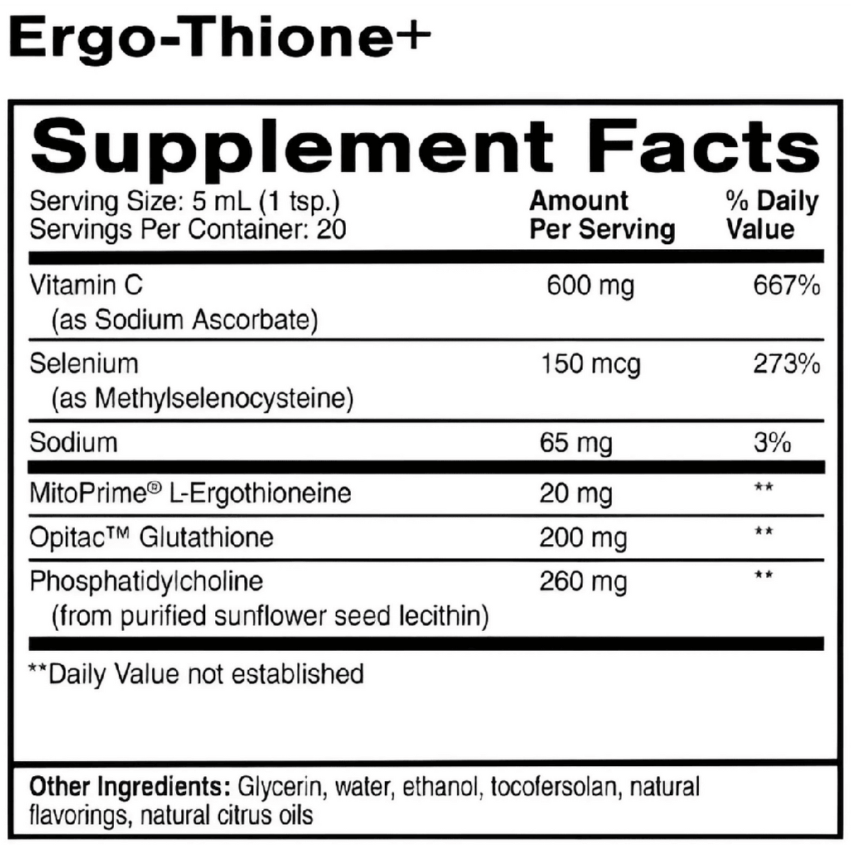 Supplement facts for Ergo-Thione+ Liposomal Longevity Supplement, detailing vitamins and ingredients.