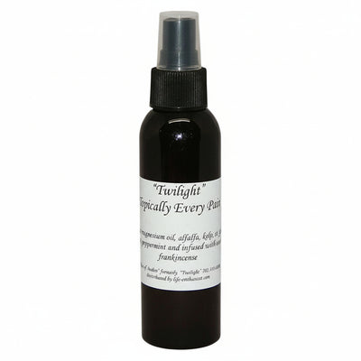 Black spray bottle of Topically Every Pain with a white label on a white background
