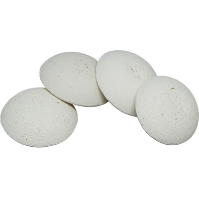 Four white ceramic half spheres on a white background