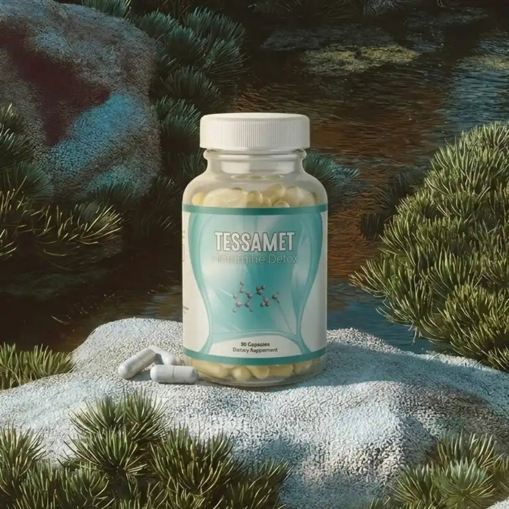 Tessamet for Immune Response and Histamine Support, a bottle of capsules on a natural background