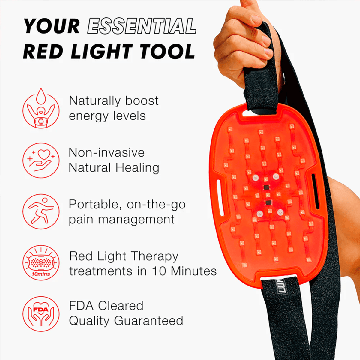 Red light therapy device held by a person with text highlighting its benefits on a white background.