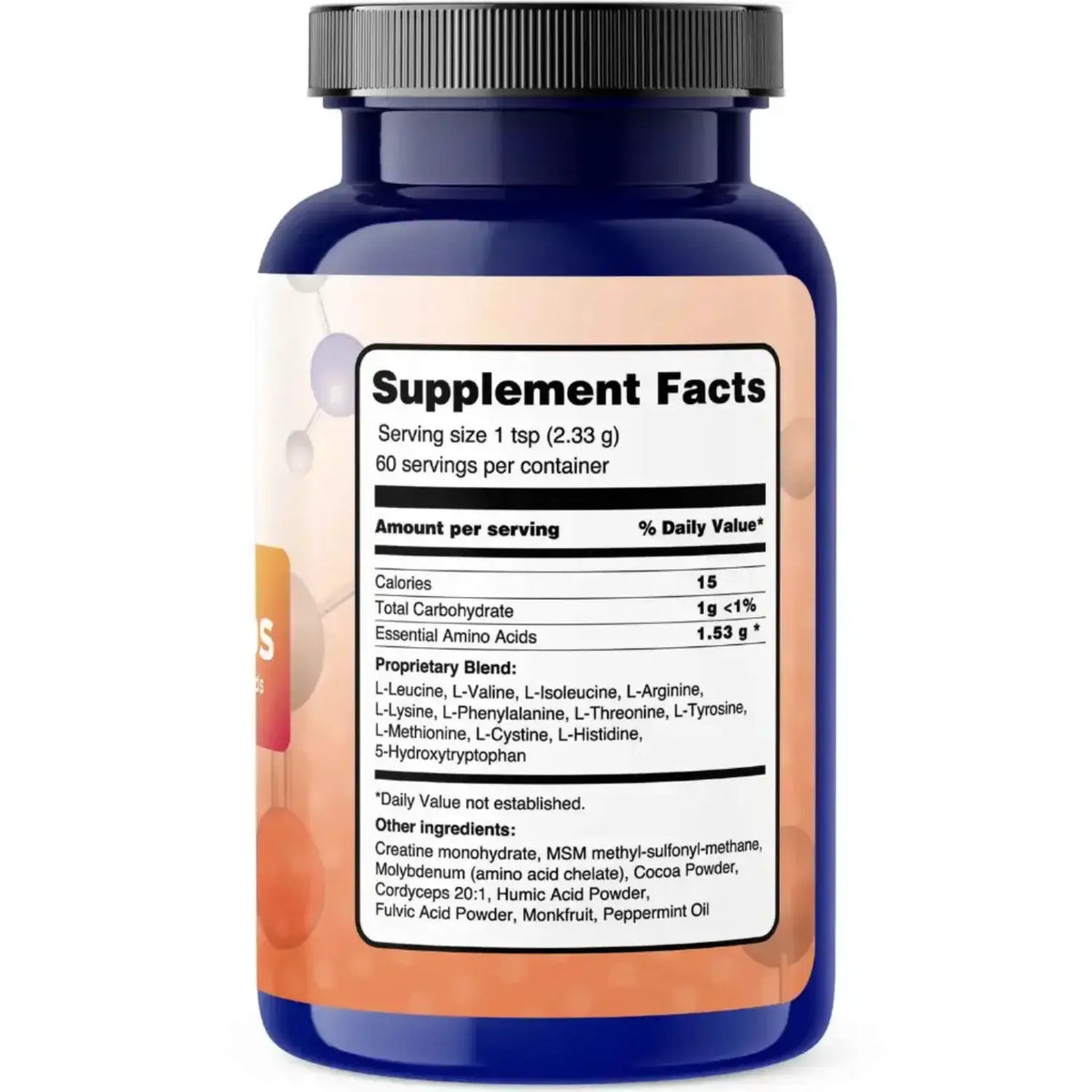 Supplement Facts label for TherAminos Free Form Amino Acid Complex, showing nutritional information and ingredients.