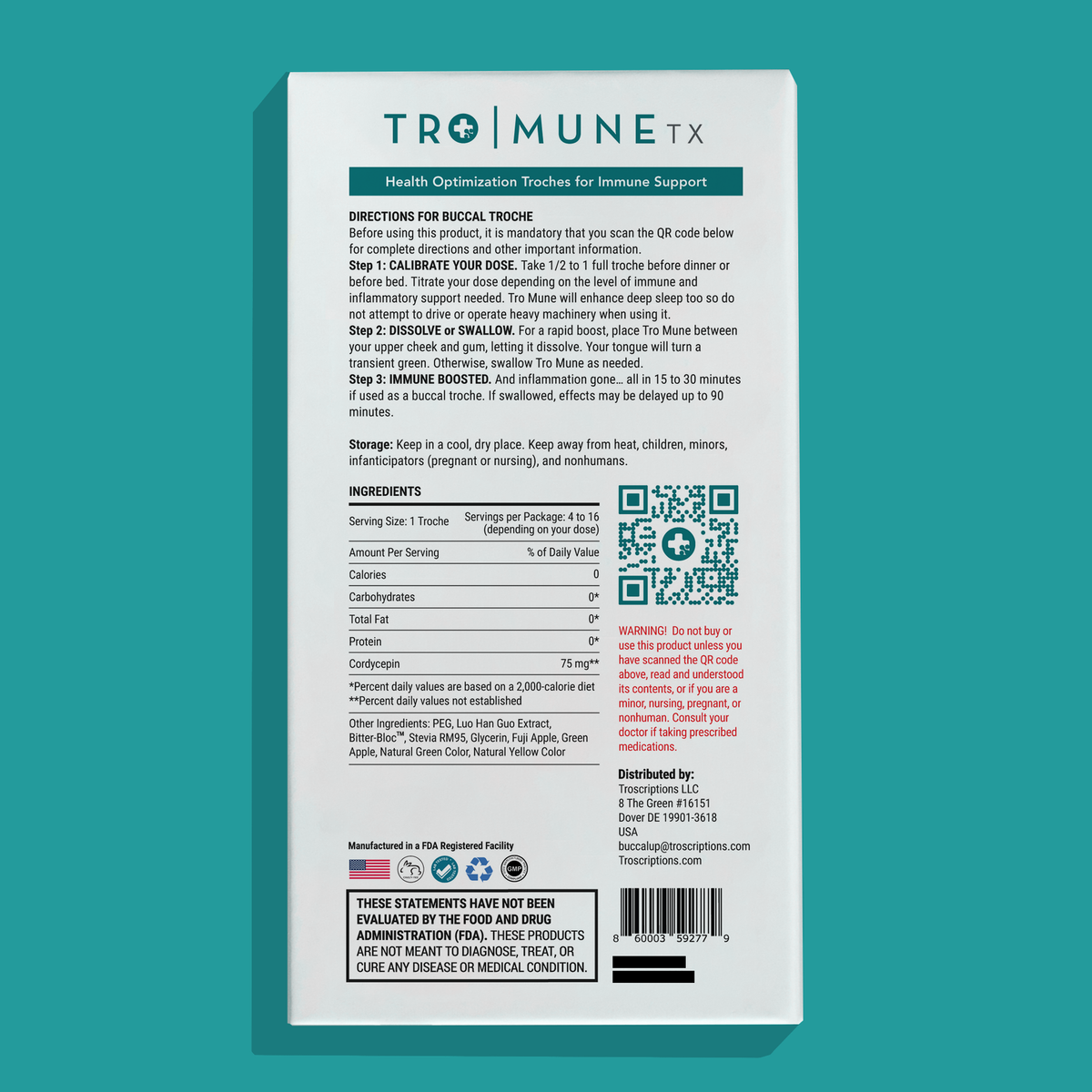 Tro Mune Buccal Troches for Immune Support packaging with directions and ingredients list.
