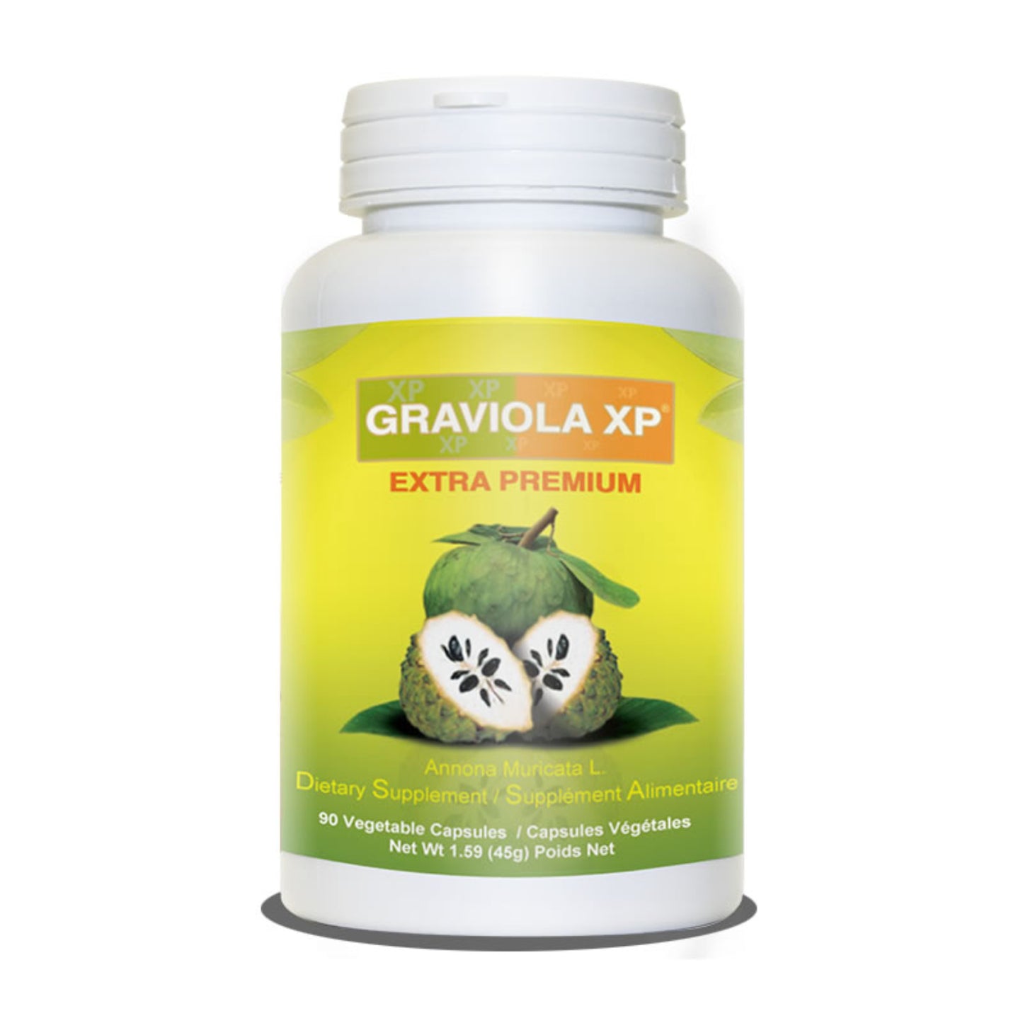 Supplement bottle labeled 'Graviola XP Extra Premium' on a white background