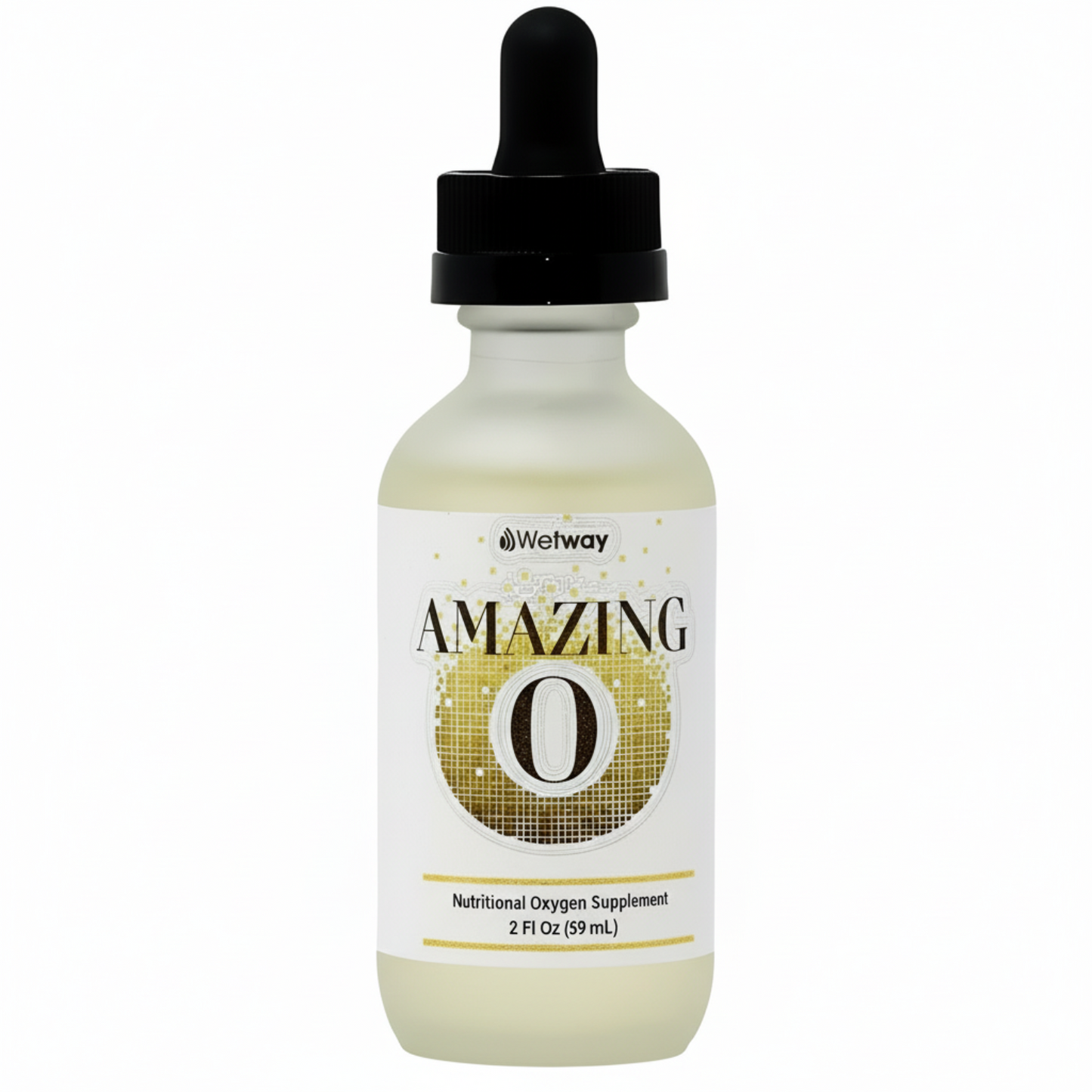 white dropper bottle with black dropper top, Wetway AMAZING O with yellow/brown squares like drops, Nutritional Oxygen Supplement 2 Fl Oz (59 mL)