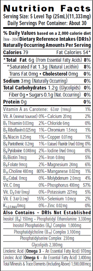 Nutrition facts label for XtraPure Lecithin, highlighting Non GMO Phosphatidylcholine content and serving information.