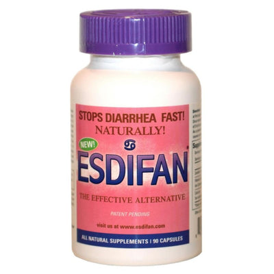 Bottle of Esdifan supplement with purple cap and pink label on a white background