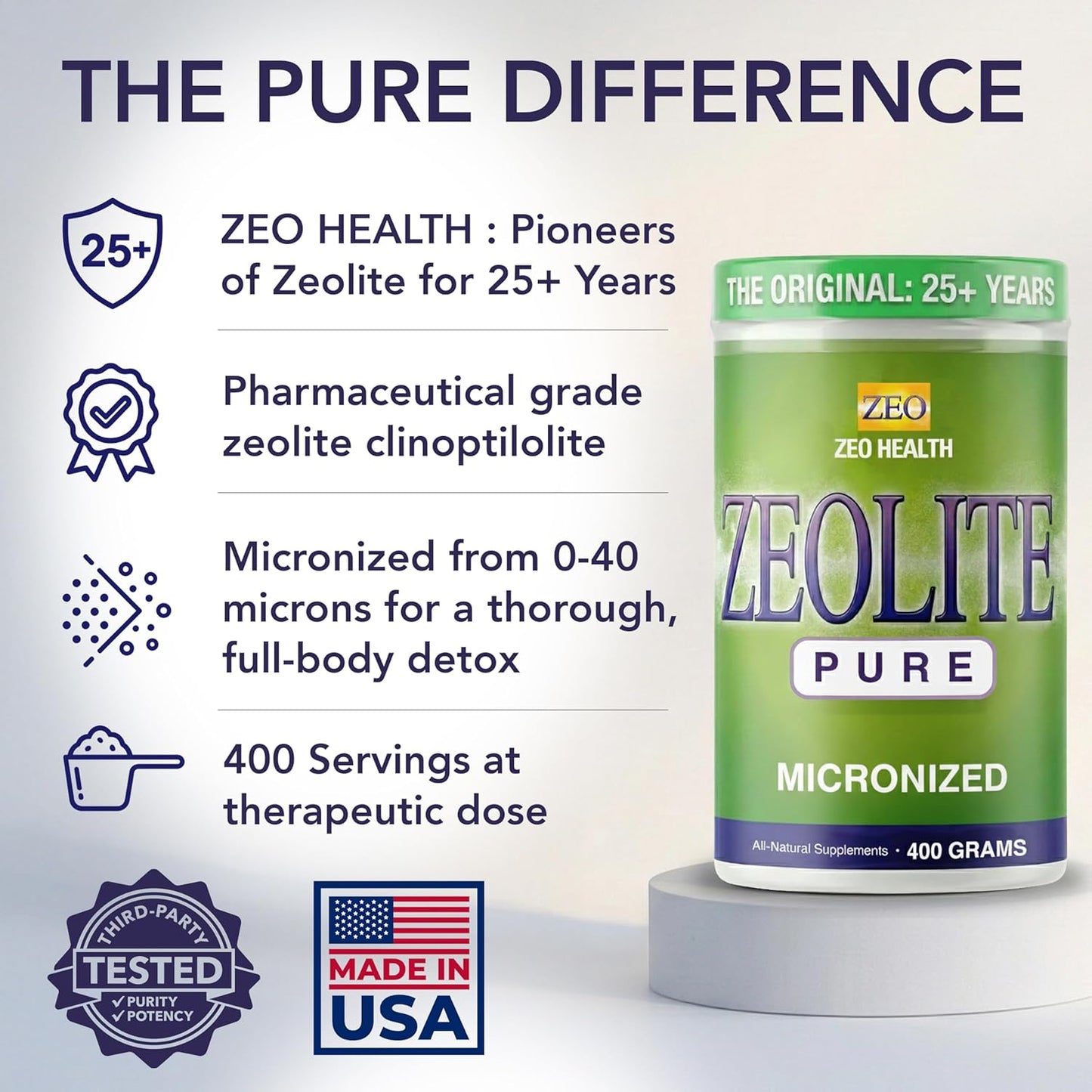 Zeolite Pure supplement canister with green label, details on detox benefits, and purity testing information.