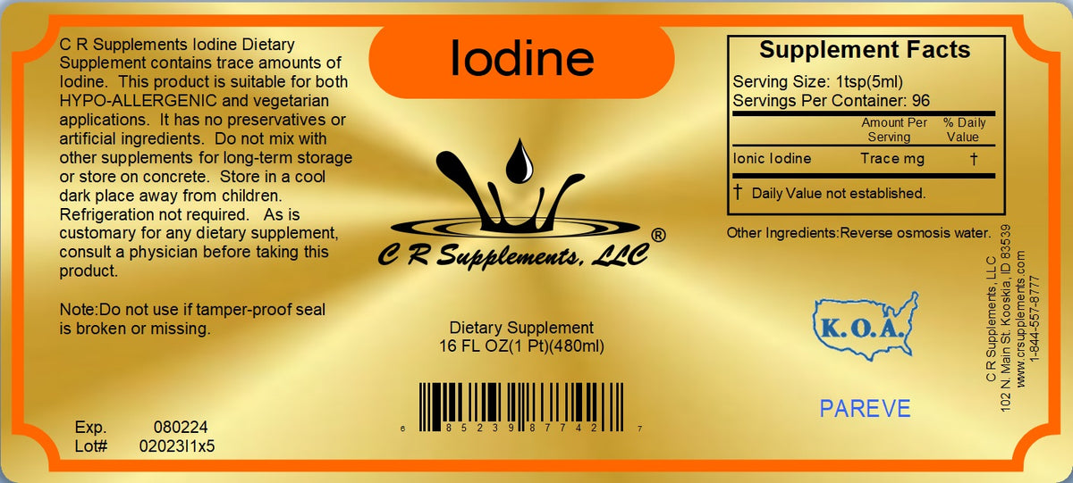Iodine Ionic Liquid Mineral dietary supplement label showing supplement facts and usage instructions for thyroid support.